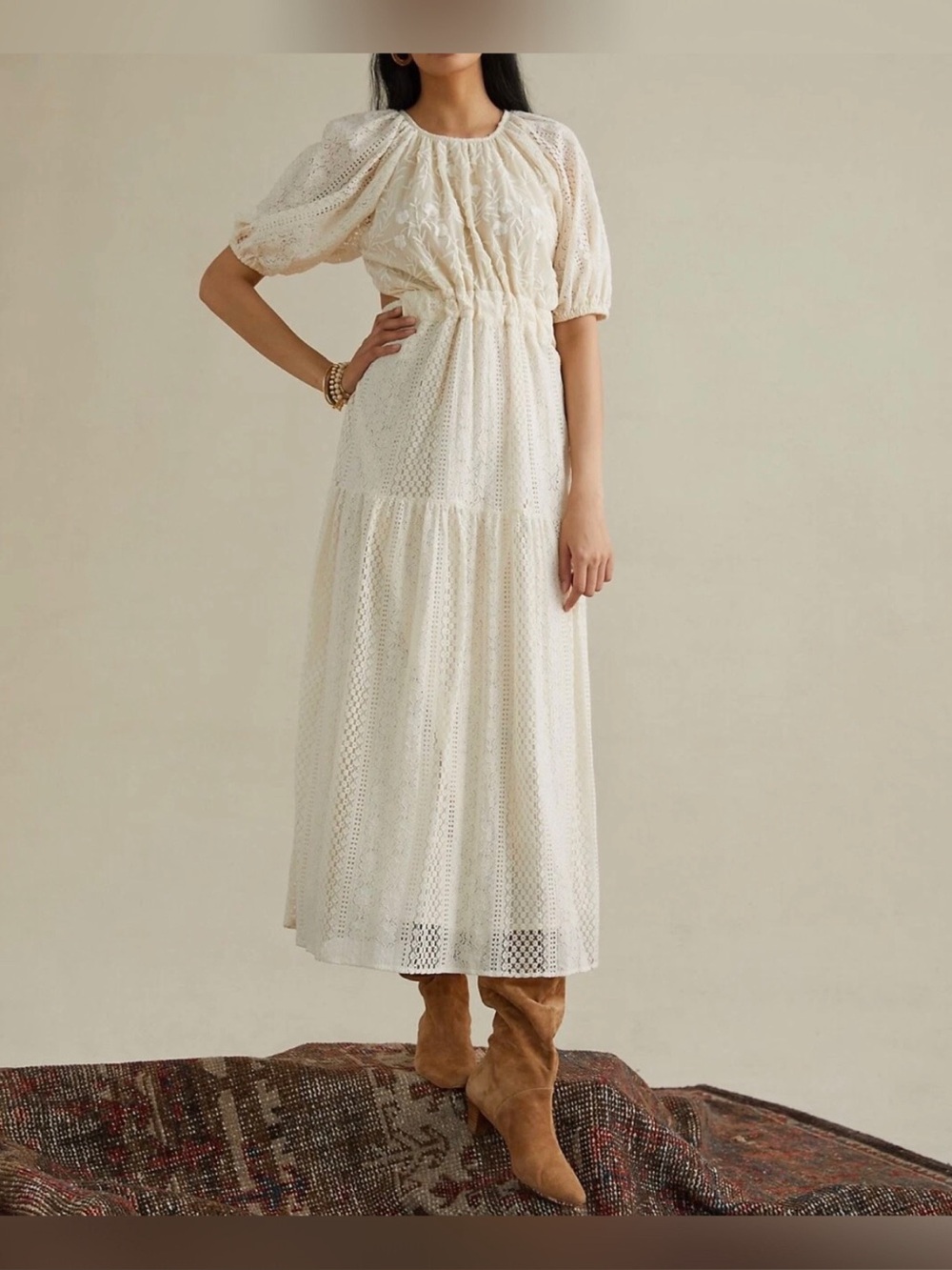 ANTHROPOLOGIE Verb Agneza Lace Embroidered Maxi Boho Dress Cream/Ivory Size 10